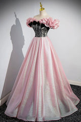 Prom Dress And Boots, Shiny Tulle Long A-Line Pink Corset Prom Dress, Off the Shoulder Evening Party Dress