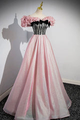 Prom Dresses 2031 Black, Shiny Tulle Long A-Line Pink Corset Prom Dress, Off the Shoulder Evening Party Dress