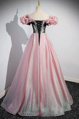 Prom Dresses With Shorts Underneath, Shiny Tulle Long A-Line Pink Corset Prom Dress, Off the Shoulder Evening Party Dress