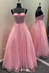 Bridesmaid Dress Affordable, Shiny Tulle Open Back Long Prom Dress, Long Tulle Formal Graduation Evening Dress