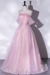 Party Dress Ideas For Winter, Shiny tulle sequins long pink prom dress A-line evening dress