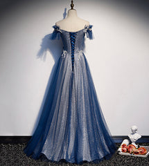 Classy Gown, Shiny tulle sequins long prom dress blue evening dress