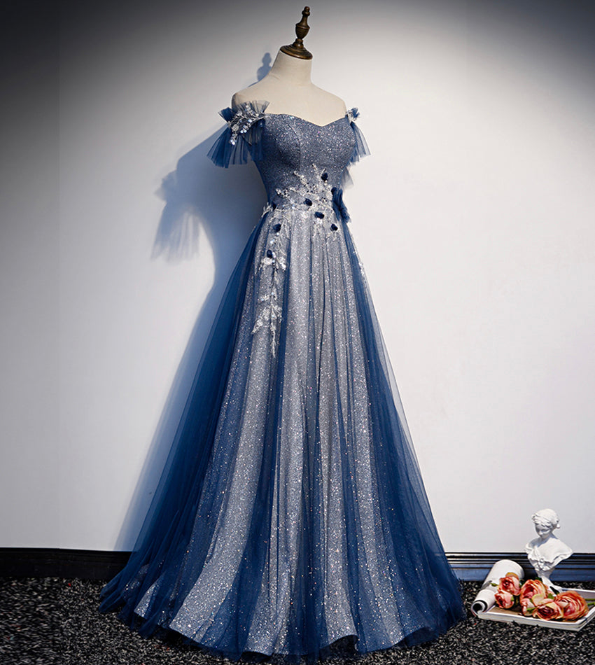 Cocktail Party Outfit, Shiny tulle sequins long prom dress blue evening dress