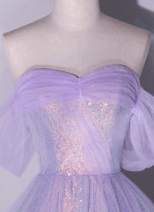 Party Dresses For Christmas, Shiny tulle sequins long purple prom dress A-line evening dress