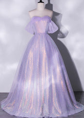 Party Dress For Christmas, Shiny tulle sequins long purple prom dress A-line evening dress