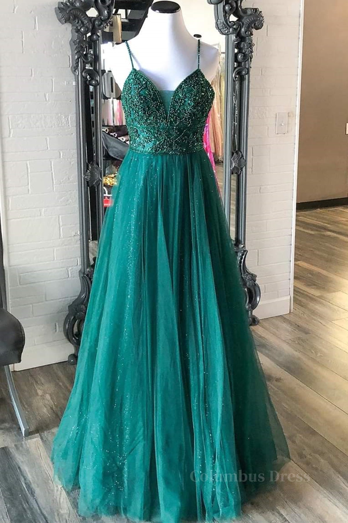 Bridesmaids Dress Affordable, Shiny V Neck Backless Beaded Green Tulle Long Prom Dress, Green Lace Formal Dress, Beaded Evening Dress