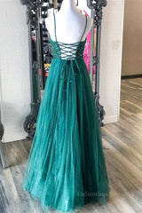 Bridesmaids Dresses Cheap, Shiny V Neck Backless Beaded Green Tulle Long Prom Dress, Green Lace Formal Dress, Beaded Evening Dress