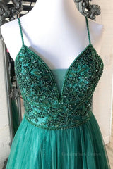 Bridesmaid Dress Cheap, Shiny V Neck Backless Beaded Green Tulle Long Prom Dress, Green Lace Formal Dress, Beaded Evening Dress