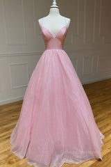 Bridesmaid Dresses Chiffon, Shiny V Neck Backless Pink Long Prom Dress, Backless Pink Formal Graduation Evening Dress