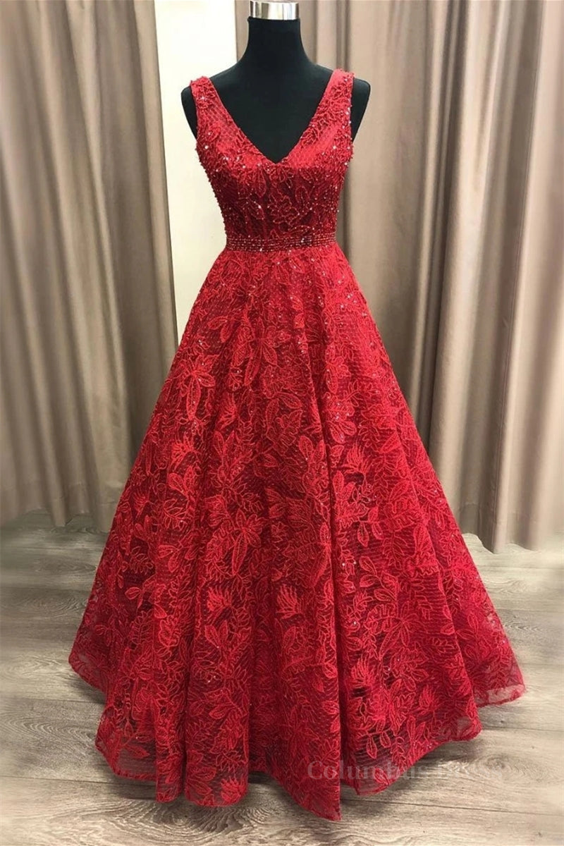 Homecoming Dress Long, Shiny V Neck Burgundy Lace Long Prom Dress, Burgundy Lace Formal Dress, Sparkly Burgundy Evening Dress