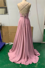 Formal Dresses For Wedding Guests, Shiny V Neck Pink Long Prom Dresses, Pink V Neck Long Formal Evening Dresses
