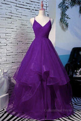 Semi Formal Outfit, Shiny V Neck Purple Long Prom Dresses, Long Purple Formal Evening Dresses, Purple Ball Gown