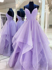 Formal Dresses For Weddings, Shiny V Neck Purple Long Prom Dresses, Purple V Neck Long Formal Evening Dresses