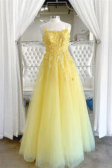 Formal Dresses, Shiny Yellow Lace Floral Prom Dresses, Shiny Yellow Lace Floral Formal Evening Dresses