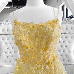 Formal Dress Suits For Ladies, Shiny Yellow Lace Floral Prom Dresses, Shiny Yellow Lace Floral Formal Evening Dresses