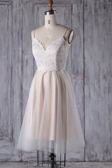 Weddings Dresses Fall, Short A-line Spaghetti Strap Lace Tulle Wedding Dress
