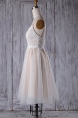 Wedding Dresses Fall, Short A-line Spaghetti Strap Lace Tulle Wedding Dress