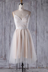 Wedding Dresses Sleeve, Short A-line Spaghetti Strap Lace Tulle Wedding Dress
