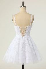 Elegant Dress Classy, Short A-line V-neck Tulle Lace Backless Prom Dress white Homecoming Dresses