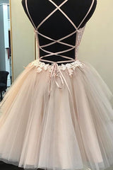 Pretty Dress, Short Backless Champagne Lace Prom Dresses, Short V Neck Champagne Lace Graduation Homecoming Dresses