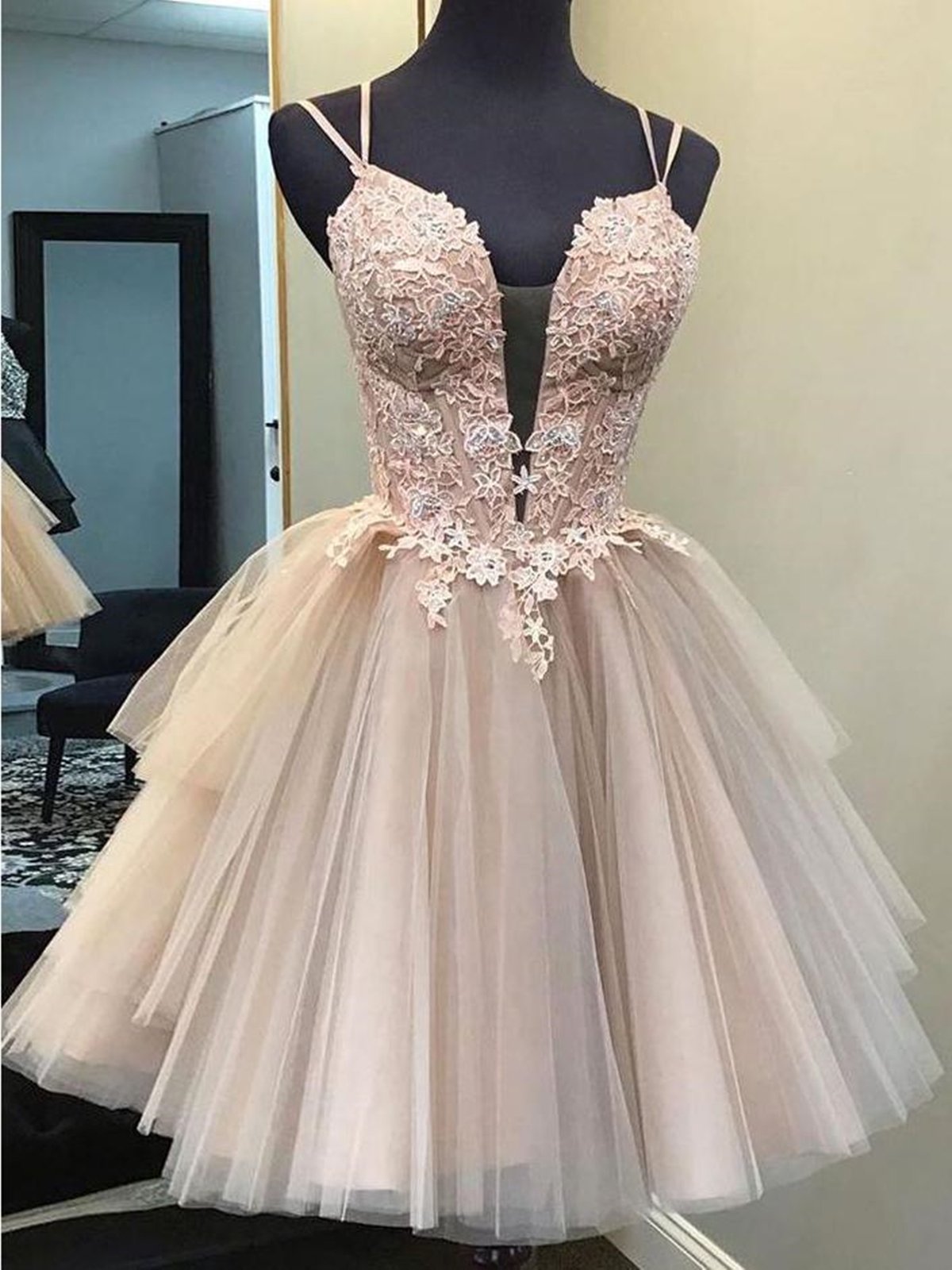 Prom Theme, Short Backless Champagne Lace Prom Dresses, Short V Neck Champagne Lace Graduation Homecoming Dresses