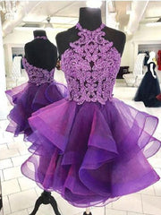 Party Dress, Short Backless Purple Organza Lace Prom Dresses, Short Purple Lace Formal Homecoming Dresses