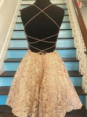Prom Dress Two Piece, Short Champagne Backless Lace Prom Dresses, Short Lace Formal Graduation Homecoming Dresses
