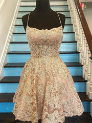 Prom Dress Ideas Black Girl, Short Champagne Backless Lace Prom Dresses, Short Lace Formal Graduation Homecoming Dresses