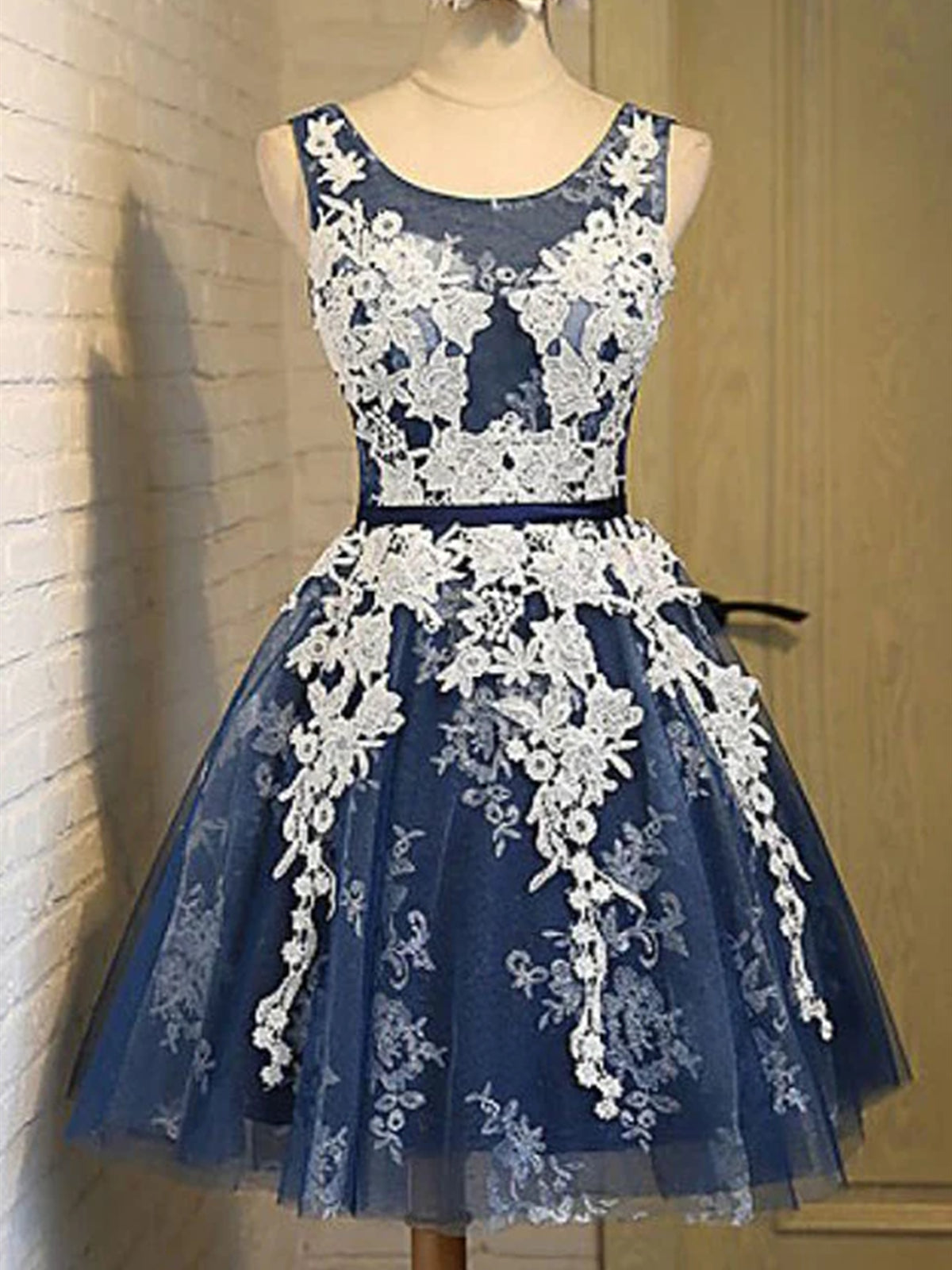 Party Dress For Baby, Short Dark Navy Blue Prom Dress with White Lace, Short Dark Navy Blue Graduation Homecoming Dresses