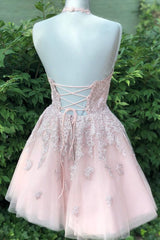 Vintage Prom Dress, Short Halter Neck Pink Lace Prom Dresses, Halter Neck Short Pink Lace Graduation Homecoming Dresses