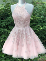 Yellow Prom Dress, Short Halter Neck Pink Lace Prom Dresses, Halter Neck Short Pink Lace Graduation Homecoming Dresses