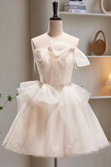 Evening Dresses Online, Short Light Champagne Tulle Prom Dresses, Short Champagne Tulle Formal Homecoming Dresses
