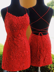 Prom, Short Red Backless Lace Prom Dresses, Short Red Backless Lace Formal Homecoming Graduation Dresses