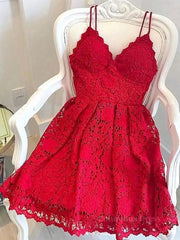 Flower Girl, Short Red Lace Prom Dresses, Short Red Lace Formal Graduation Homecoming Dresses