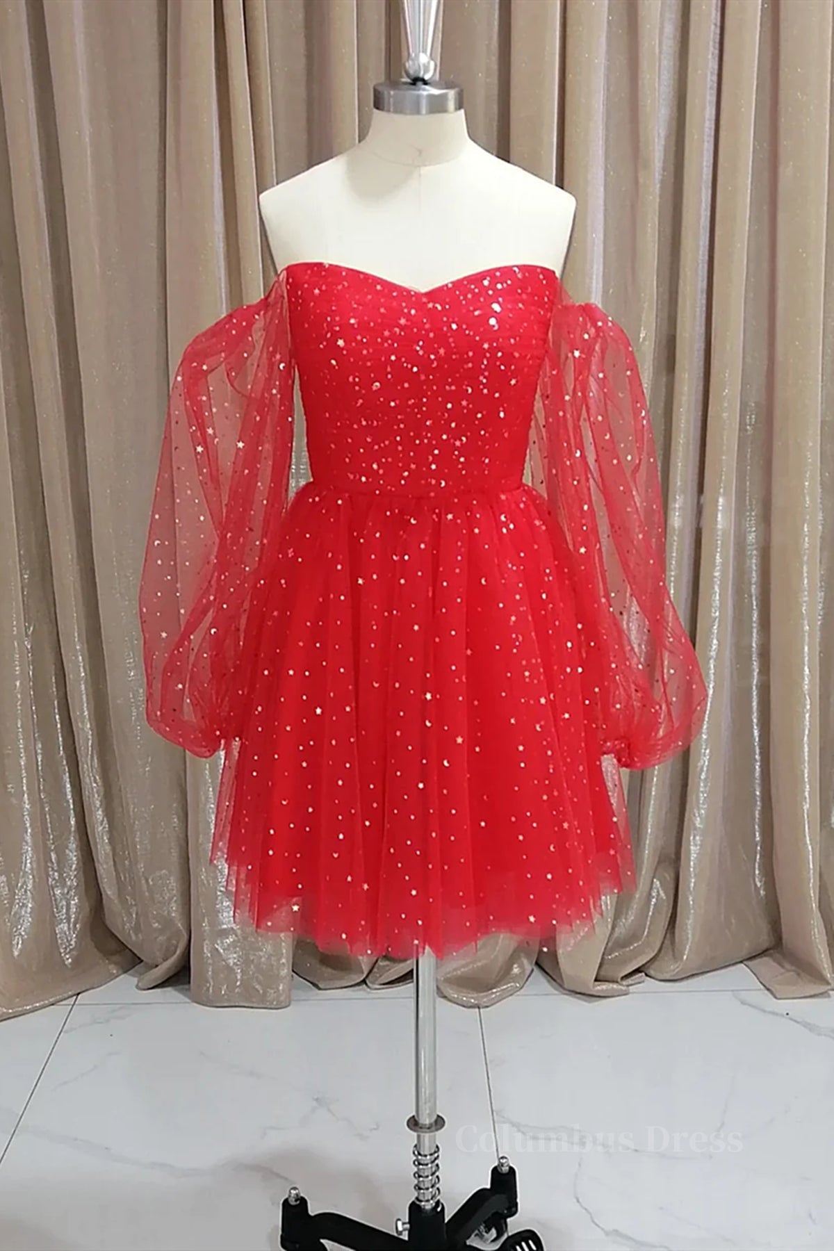 Evening Dresses Lace, Short Red Long Sleeves Tulle Prom Dresses, Short Red Long Sleeves Formal Homecoming Dresses