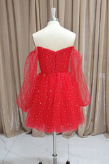 Evening Dresses Ball Gown, Short Red Long Sleeves Tulle Prom Dresses, Short Red Long Sleeves Formal Homecoming Dresses