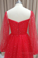 Evening Dresses Vintage, Short Red Long Sleeves Tulle Prom Dresses, Short Red Long Sleeves Formal Homecoming Dresses