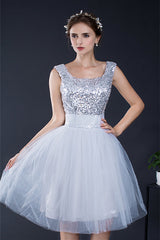 Party Dress Open Back, Short Sequin Tulle Lace-up Knee-length Homecoming Dresses