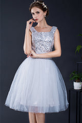 Classy Outfit, Short Sequin Tulle Lace-up Knee-length Homecoming Dresses