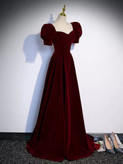 Simple Wedding Dress, Short Sleeves Burgundy Long Prom Dresses, Wine Red Long Formal Evening Dresses