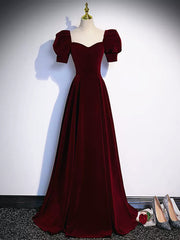 Bridesmaid Dress Dusty Blue, Short Sleeves Burgundy Long Prom Dresses, Wine Red Long Formal Evening Dresses
