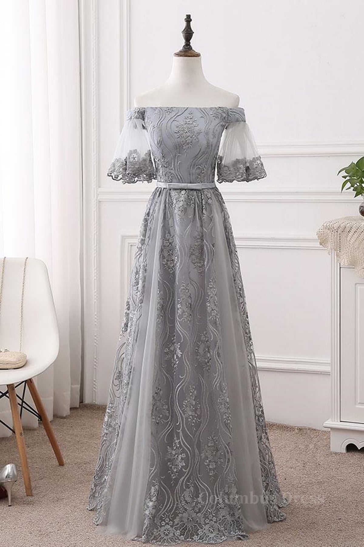 Gown Dress Elegant, Short Sleeves Grey Lace Long Prom Dresses, Short Sleeves Gray Lace Long Formal Evening Dresses