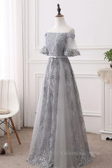 Tights Dress Outfit, Short Sleeves Grey Lace Long Prom Dresses, Short Sleeves Gray Lace Long Formal Evening Dresses