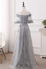 Prom 2027, Short Sleeves Grey Lace Long Prom Dresses, Short Sleeves Gray Lace Long Formal Evening Dresses