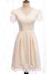 Wedding Dress On A Budget, Short Sleeves Short Champagne Lace Prom Dresses, Short Champagne Lace Formal Wedding Dresses
