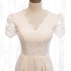 Wedding Dress Vintage, Short Sleeves Short Champagne Lace Prom Dresses, Short Champagne Lace Formal Wedding Dresses