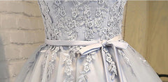 Night Out Outfit, Short Sleeves Silver Gray Lace Prom Dresses, Lace Graduation Homecoming Dresses