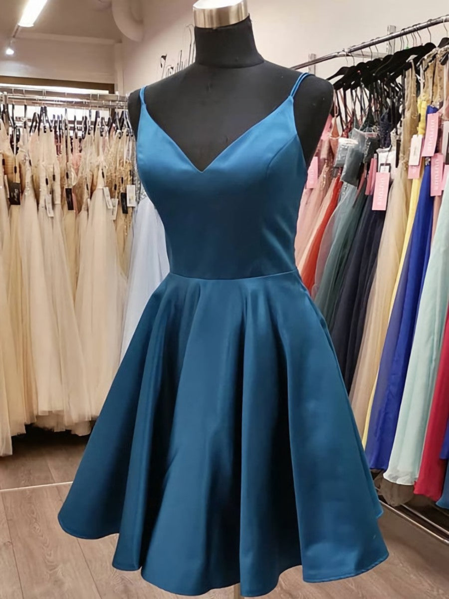 Formal Dress For Ladies, Short V Neck Blue Prom Dresses, Blue V Neck Short Graduation Homecoming Dresses