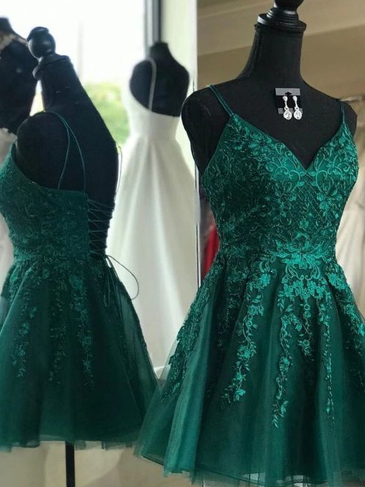 Formal Dresses Outfits, Short V Neck Green Lace Prom Dresses, Backless Short V Neck Green Lace Formal Homecoming Dresses