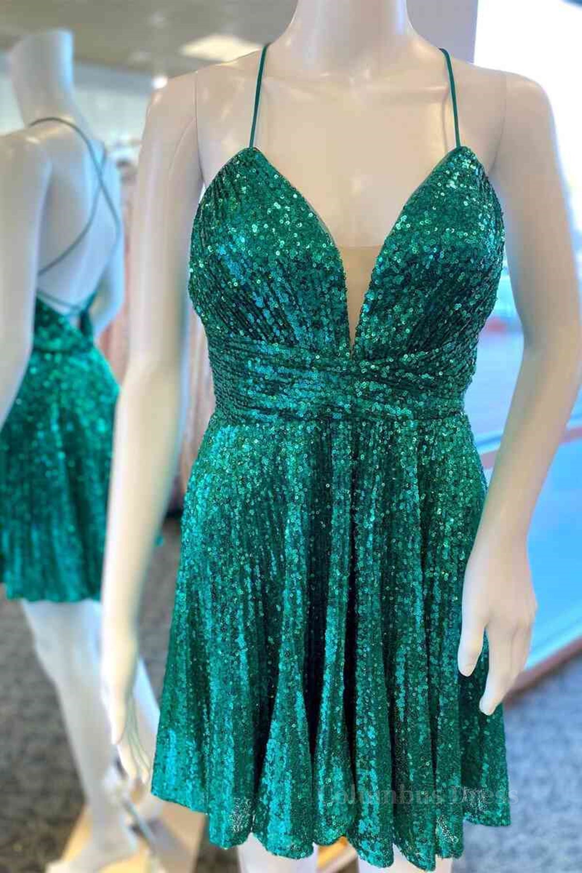 Evening Dresses Online Shop, Short V Neck Green Sequins Prom Dresses, V Neck Green Sequins Formal Homecoming Dresses